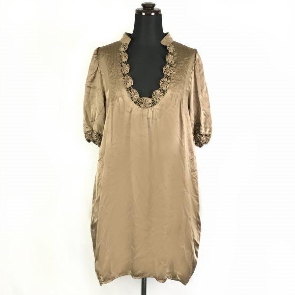 CROON A SONG/Silk 100% Knee-Length Short Sleeve Dress/S/1/Brown/Lace/Frill