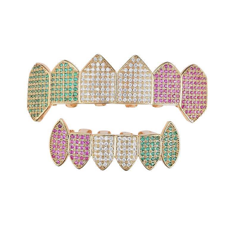 Multicolour Cubic Zircon Teeth Grillz Hip Hop Jewelry Gold Plated Iced Out Bling CZ Tooth Dents Grillz for Teeth Men Women