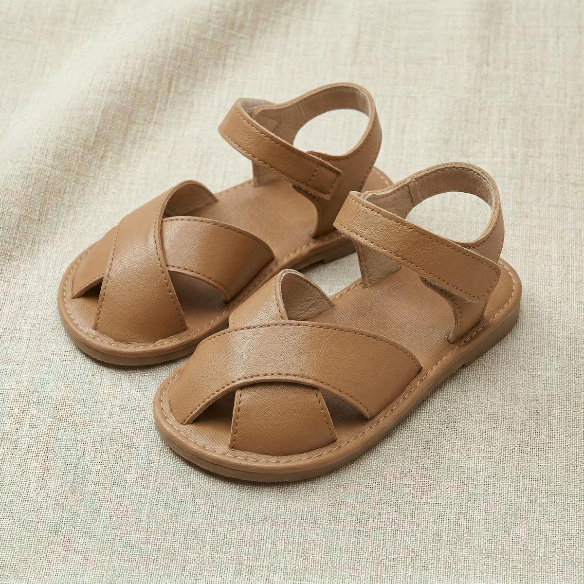 Girls  Non-Slip Brown Cross Strap Velcro Sandals - Korean Retro Style 21
