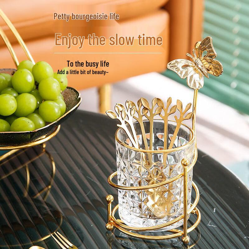 Churng Gyllene Blad Fruktgaffel & Sked Set med Fjäril Förvaringsburk