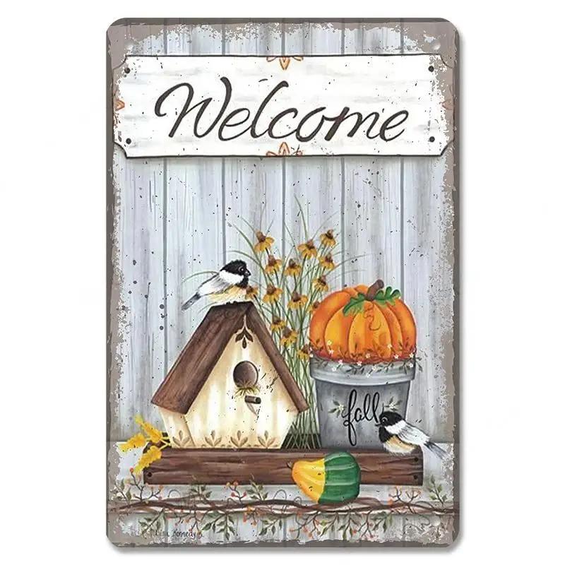 D Flat Metal Sign Vintage Welcome Garden Tin Sign Set Rustic Home Decor Butterfly Flower Watering Can Wall Art