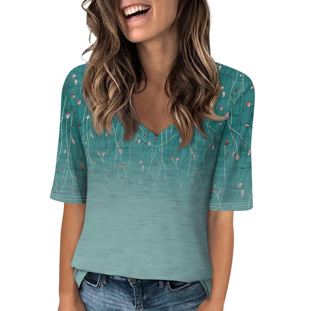 Dámské módní tričko s krátkým rukávem a výstřihem do V s 3D potiskem, letní pohodlné sportovní topy