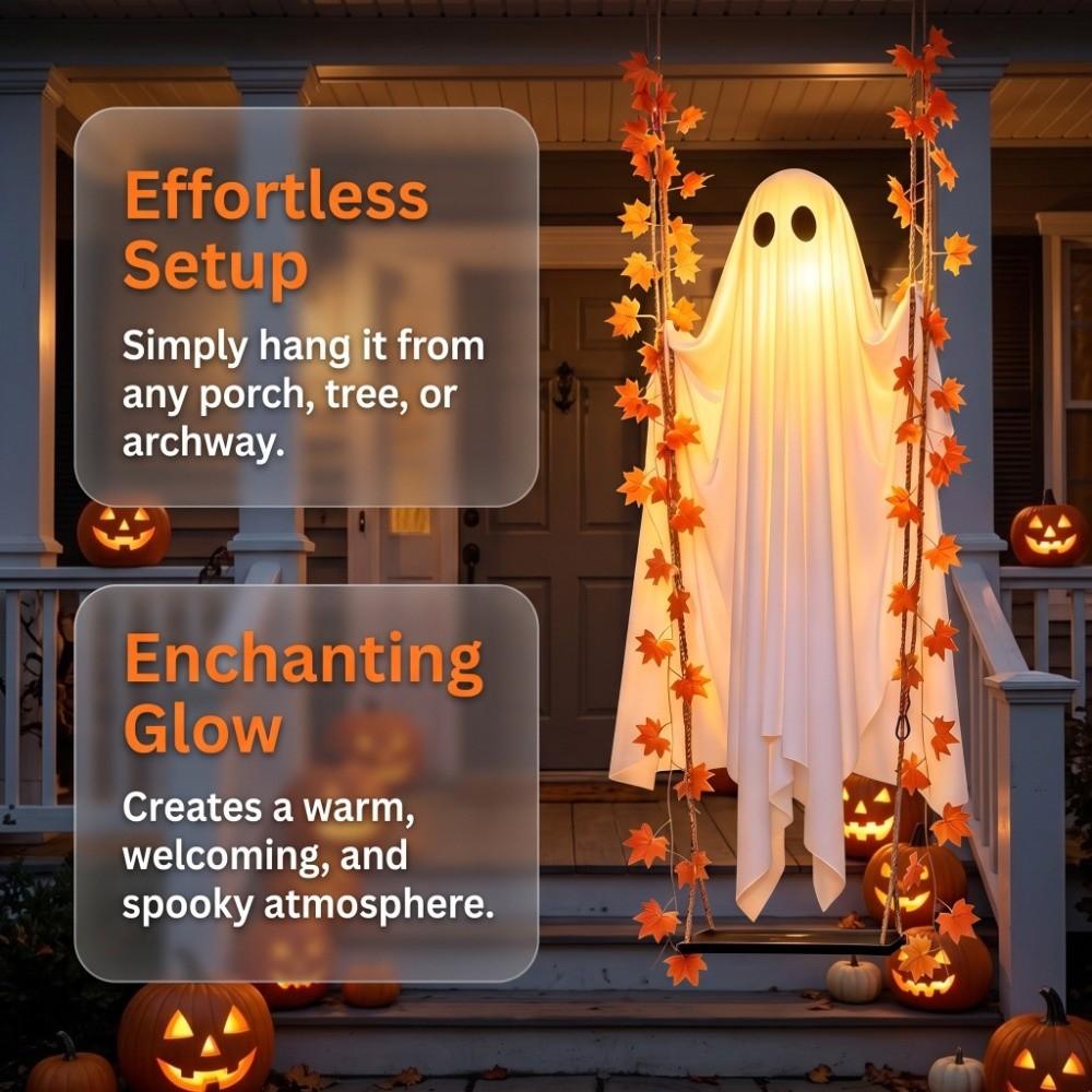 Large Hanging Swing Ghost Halloween Decoration Adjustable Scary Decor Maple Leaf Ghost Swing Light Funny Glowing
