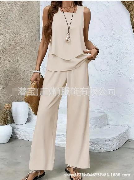 New European and American women's clothing spot explosion sleeveless casual double-layer vest plus pants set two-piece set
