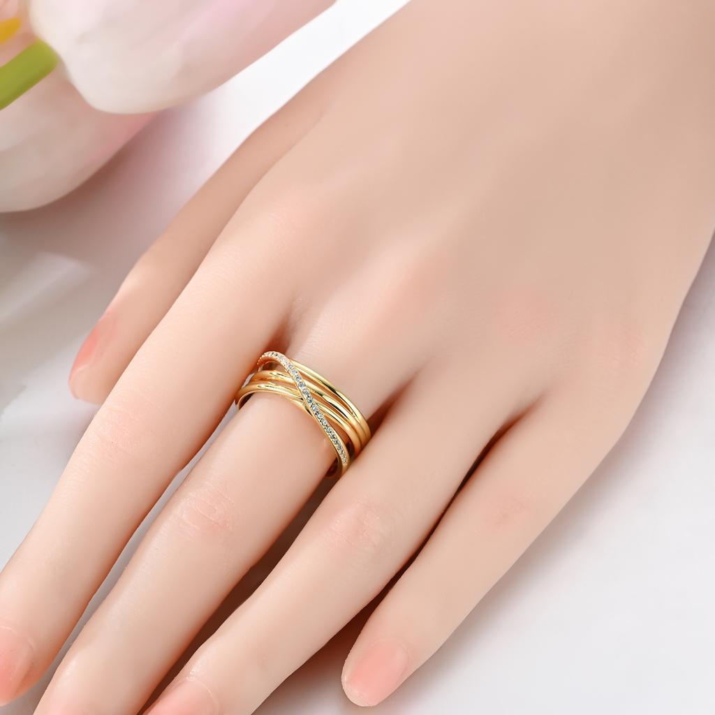 Authentic copper Golden Multilayer Interwoven Ring Geometric Lines White Zirconia Womens Ring Accessory Valentine Fine Gift