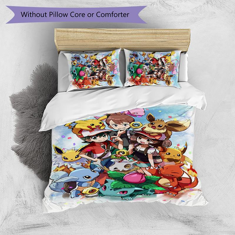 Pokémon Pattern Printed 3PCS Bedding Set, Soft Skin-Friendly Washable Duvet Cover & Pillowcases Set