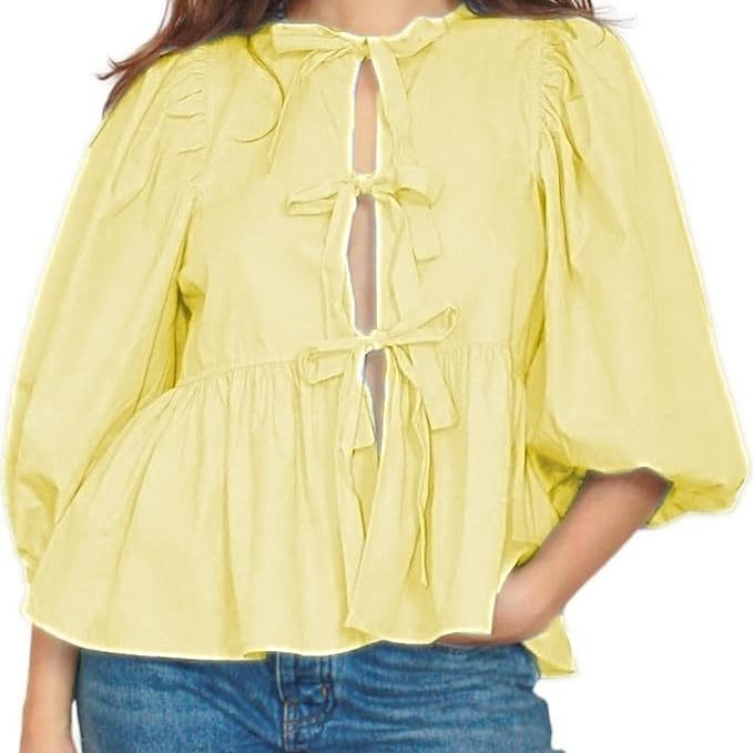 Jarní trička s O výstřihem s kontrastní mašlí na šněrování pro ženy Volná dlouhá halenka s lucernovými rukávy