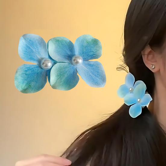 2 Stück Sommer-Haarnadel Farbverlauf Hortensie Doppelblüten-Design Imitation Perlenverzierung Haarspange Pony Seitenhaar Sommer-Haarschmuck