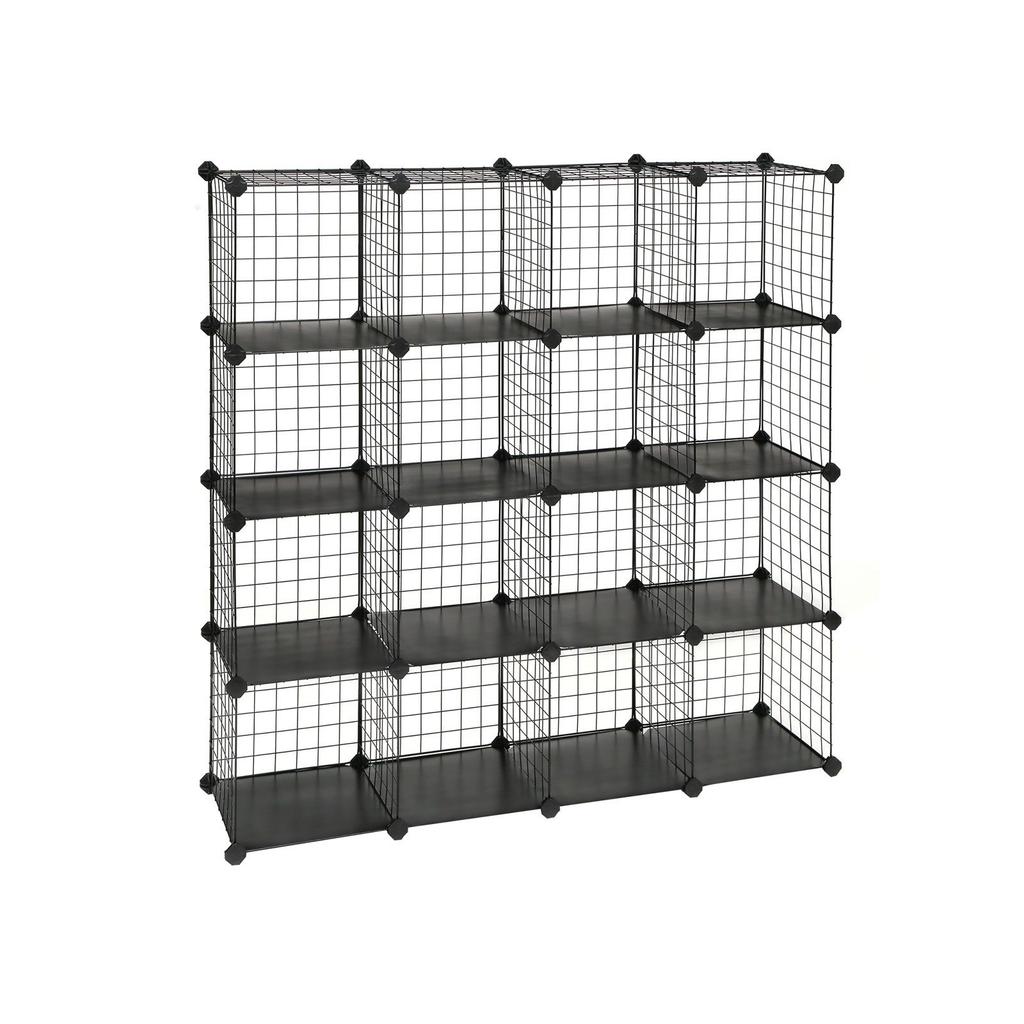 SONGMICS 16 Cube Metal Wire Storage Organiser, DIY Closet Cabinet and Modular Shelving Grids, Wire Mesh Shelves and Rack, Black