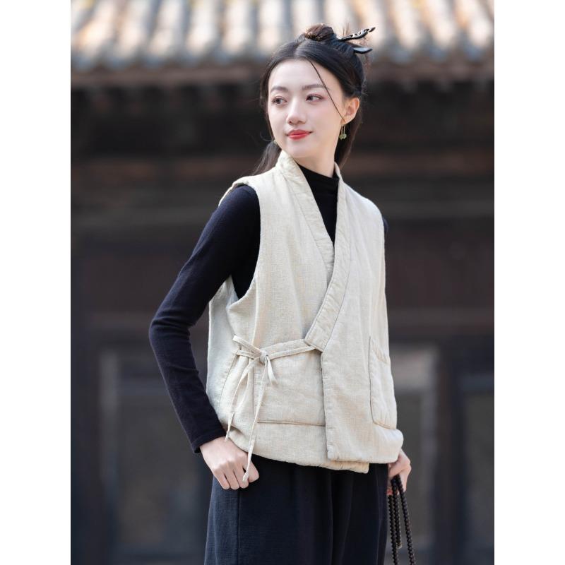 

25 Winter cotton and linen women s new Chinese retro sand washed V-neck vest women s outer cotton and linen padded thickened cotton vest One size льняной