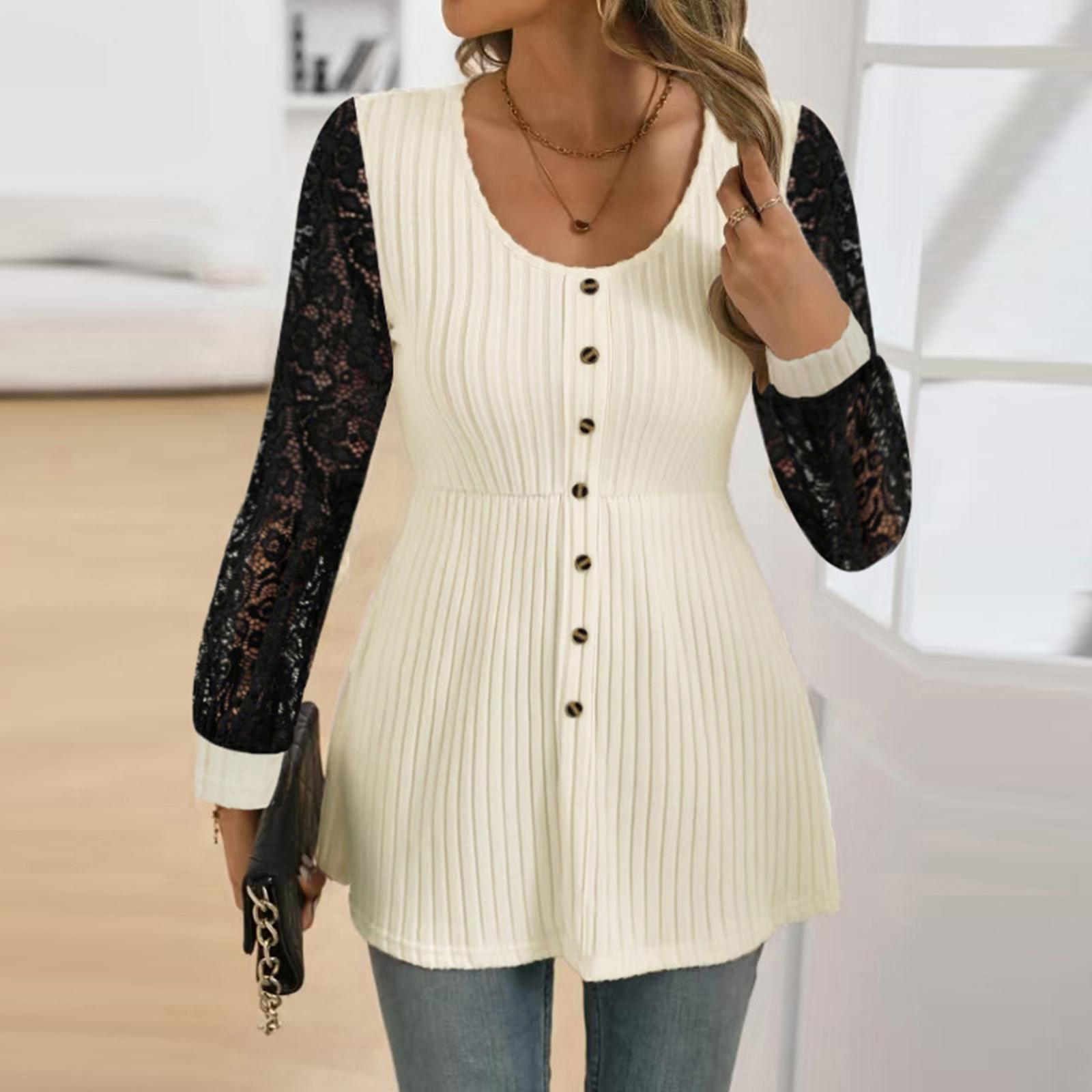 

Женская футболка-топ с цветовыми блоками, кружевом, рукавами-колоколами и пуговицами XXL бежевый