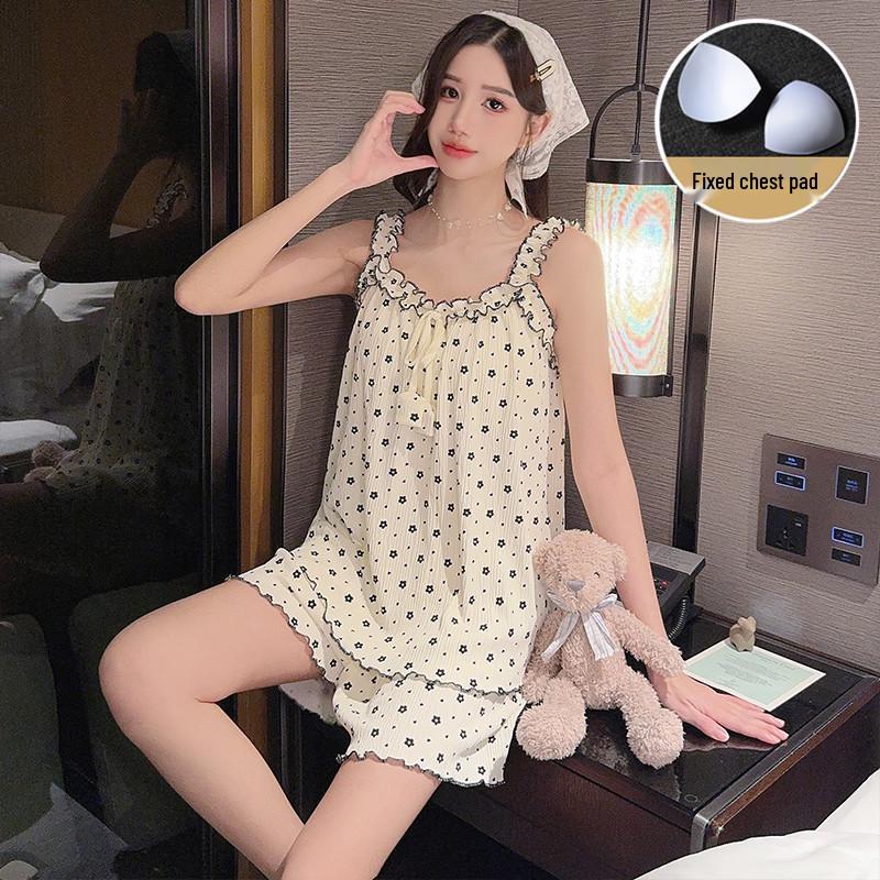 Women's Summer Bubble Cotton Pajamas - Cute Princess Style with Chest Pads & Suspender Shorts, Ideal for Homewear