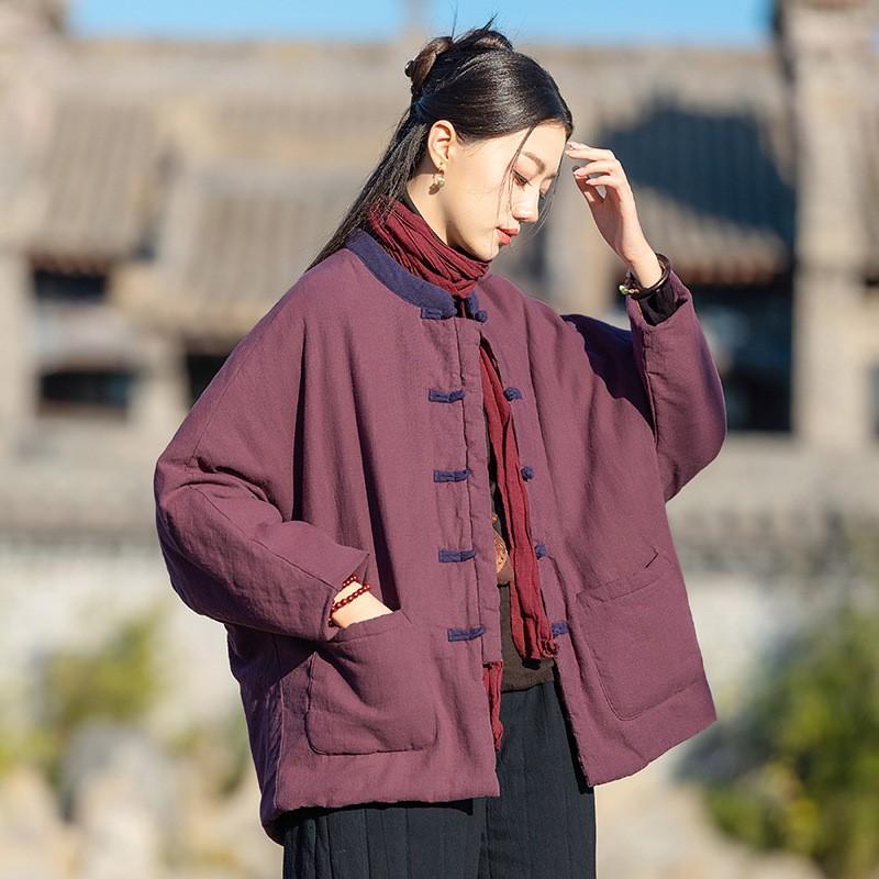 Johnature Chiński Styl Patchwork Kolor Zima dla Kobiet Stójka Guzik Ciepłe Płaszcze Kieszenie Płaszcze