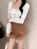 Women's Coffee Ruffled Winter Lamb Wool High-Waist Wide-Leg Retro Booty Shorts