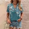Fashion Womens Loose Summer Printing V Neck Button Button Short Sleeve Casual Tops