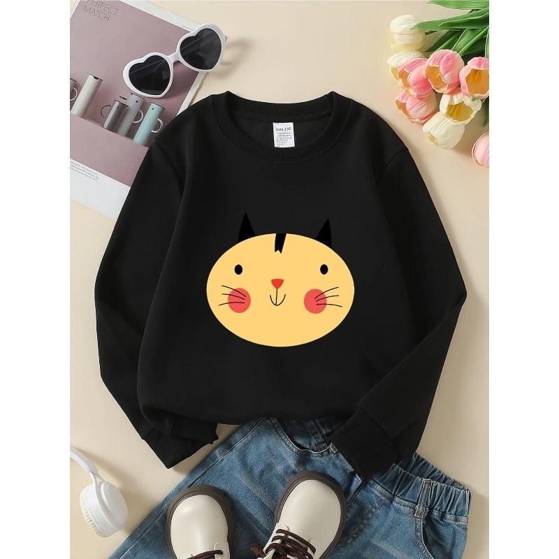 European Sizes Kids' Crewneck Sweatshirt | Cute Cat Face Pattern, , Sportswear and Casual Wear, Soft and Comfortable, Clothing, Teenagers
