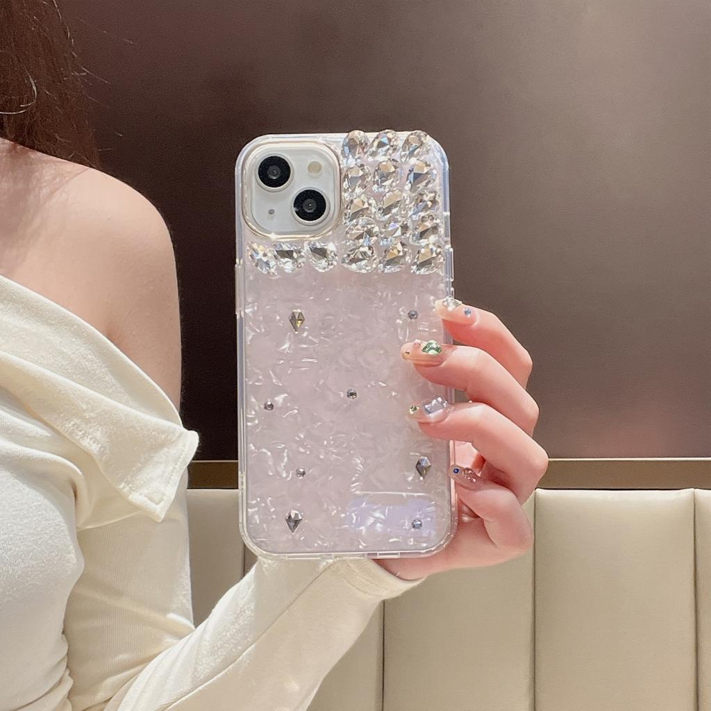 Pink Shell Pattern Handmade Appliqué Diamond Phone Case for iPhone 16 15 14 13 12 11 Pro Max