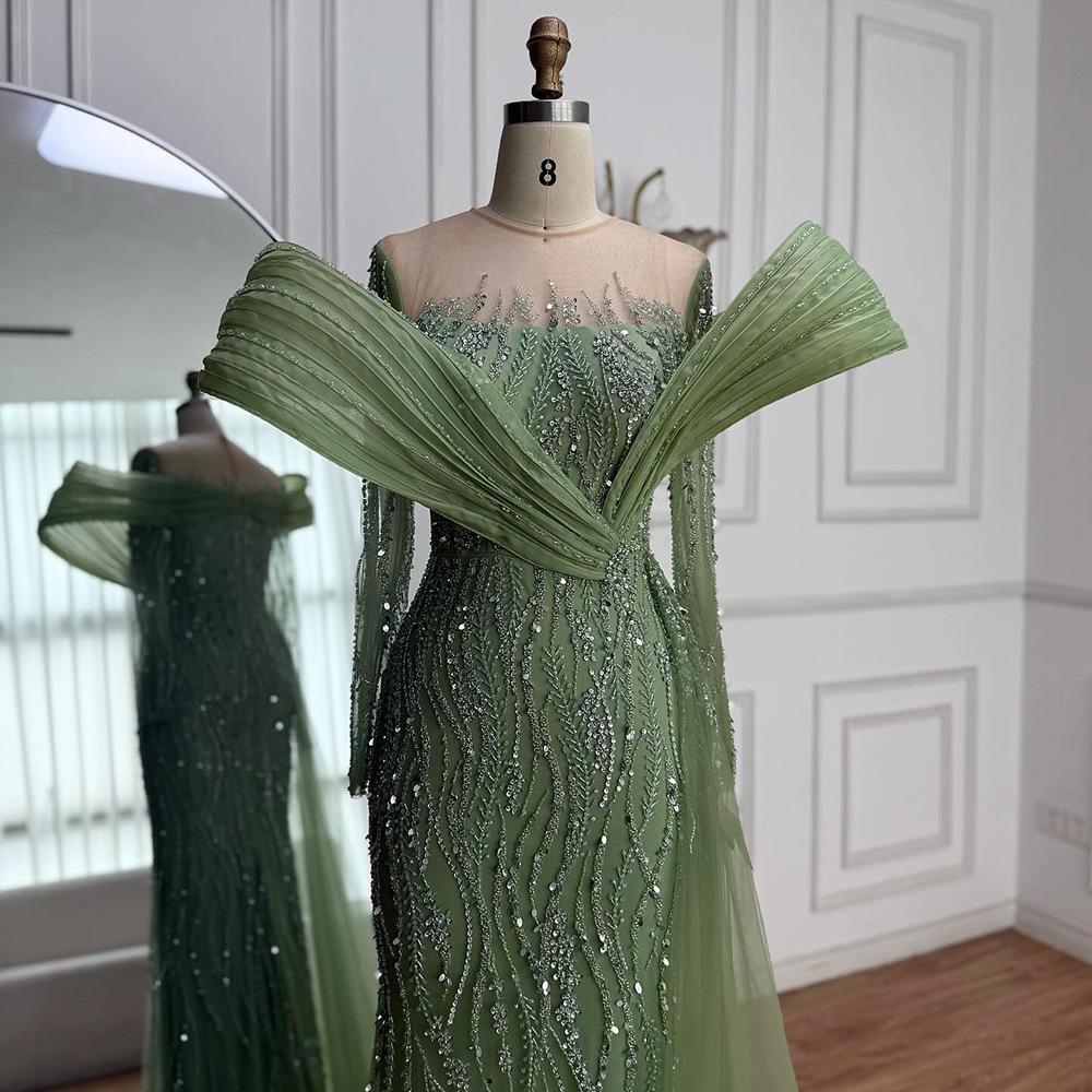 Serene Hill Sage Green Long Sleeve Fish Tail, Slim Temperament Banquet Host Evening Dress LA11918