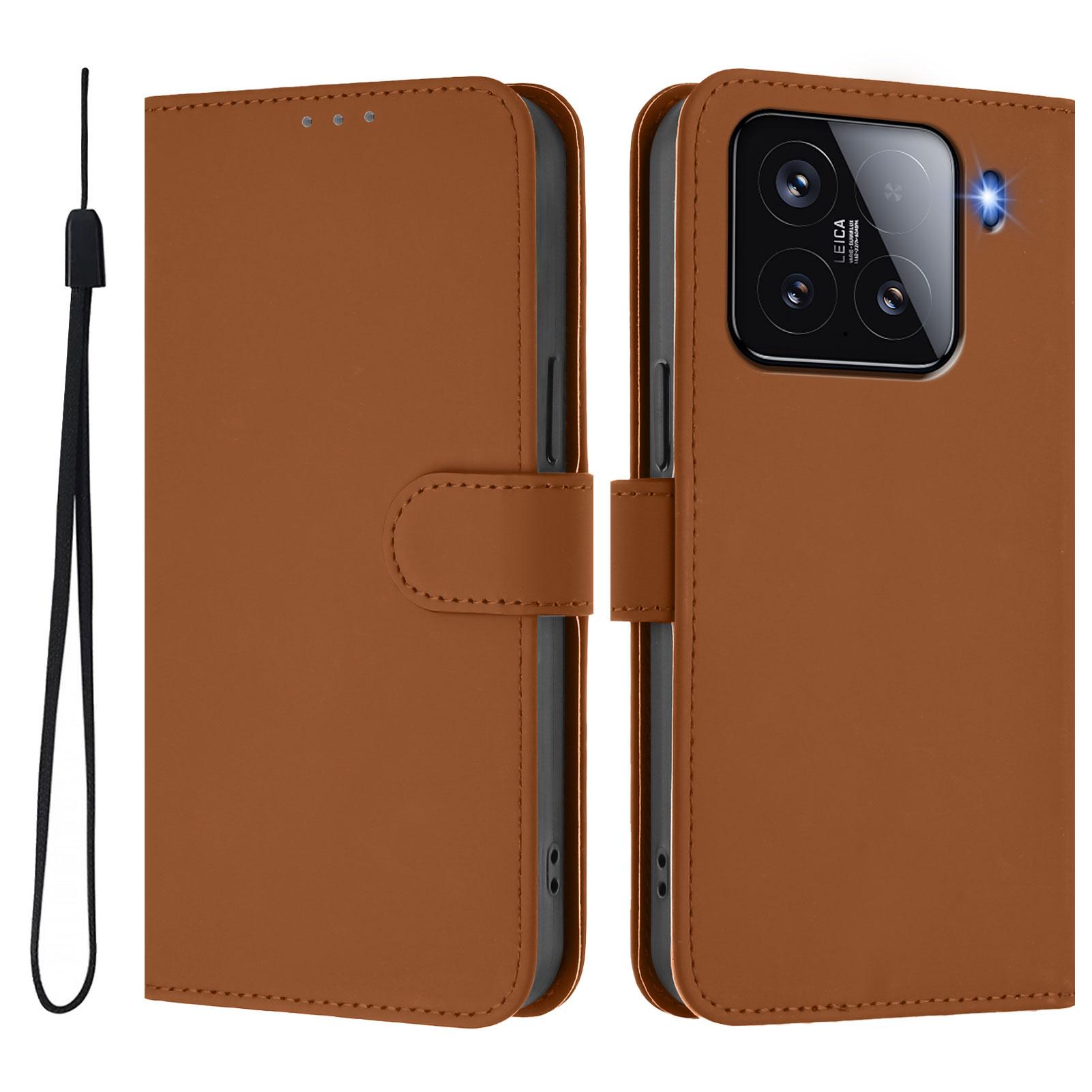 

For Xiaomi 15 Case Solid Color Wallet Leather Phone Cover with Strap Brown