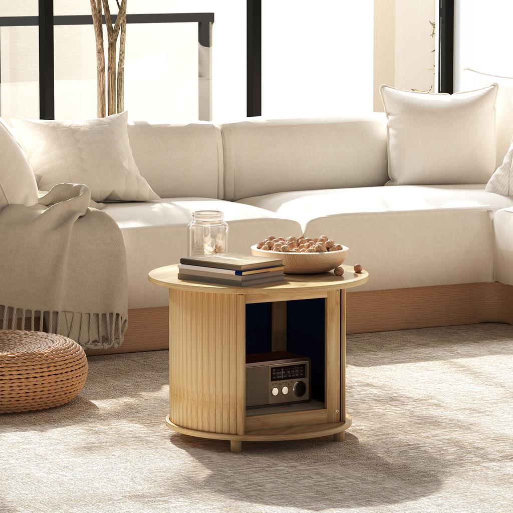 Side Table, Round, with Storage, Sliding Door, Bamboo, Ø60 x 45 cm, Load Capacity up to 20 kg