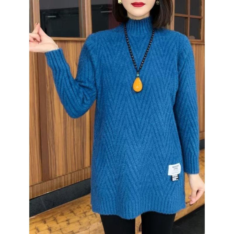 Roupa Outono Inverno Suéter de Comprimento Médio Mulheres Idosas de Meia-idade Solto Estilo Estrangeiro Espessado Camisa de Base Top
