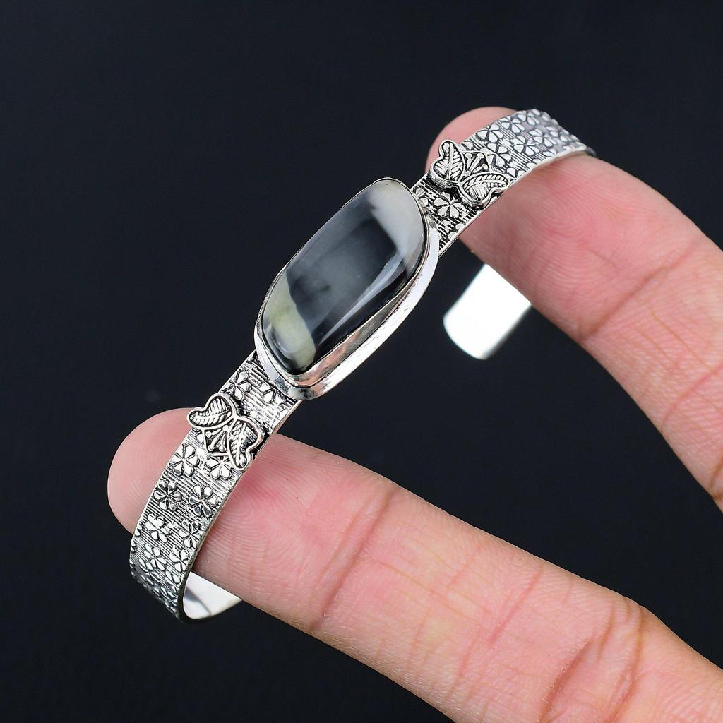 925 Sterling Silver Marquise Fume Agate Stone Art Deco Handmade Wife Boho Bangle