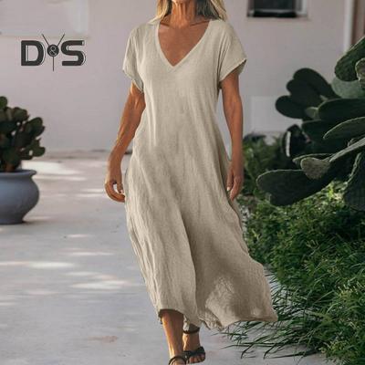 Vestido Maxi de Algodón Lino para Mujer Casual Manga Corta Cuello en V Vestido Largo Verano Playa Vacaciones Swing Vestido de Verano