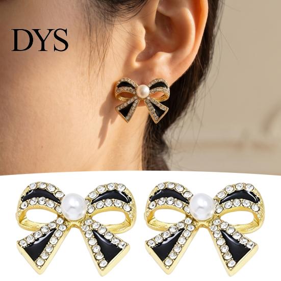 Dainty Bow Jewelry 1 Pair Sparkly Rhinestone Knot Stud Earrings for Women, Faux Pearl Sophisticated Gift Her Ribbon Earrings, Statement Cubic Zirconia