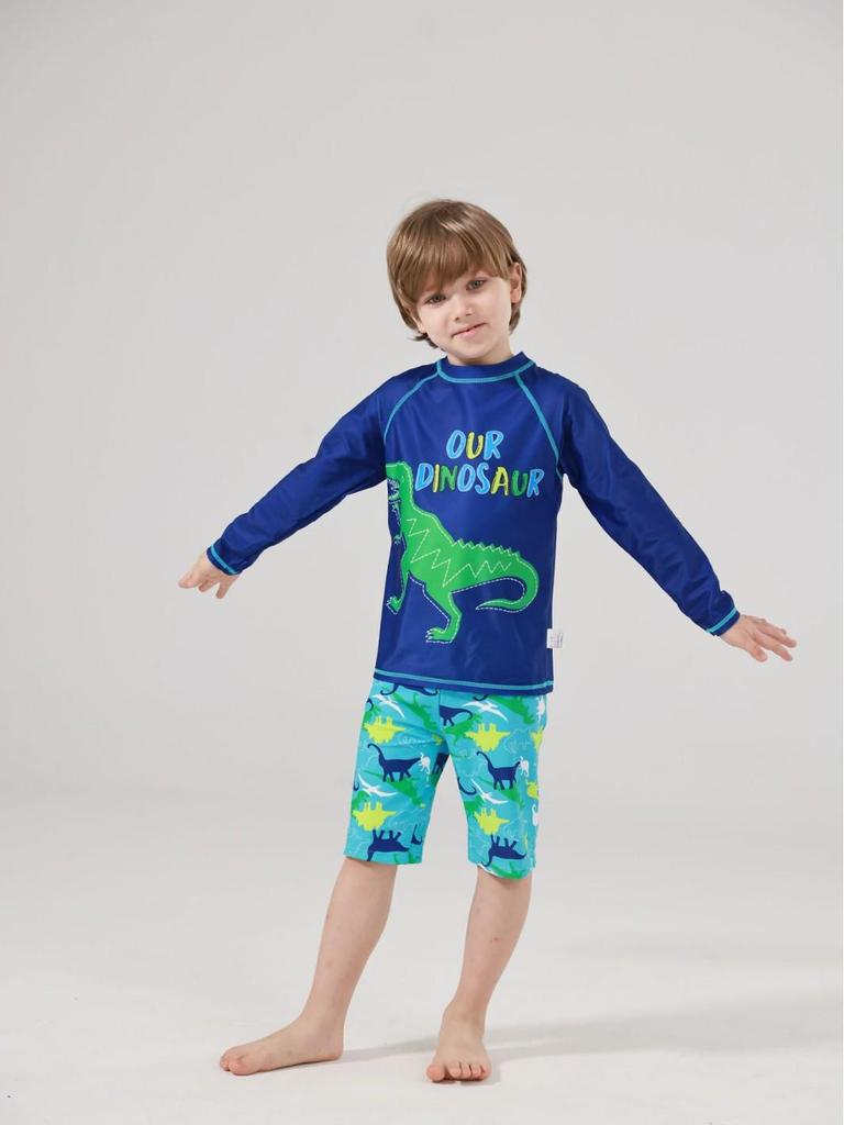 Costume da bagno due pezzi a maniche lunghe per bambini con dinosauri - Verde, Asciugatura rapida, Protezione solare per neonati e bambini piccoli