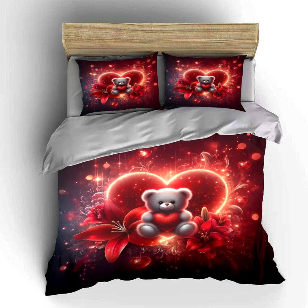 Dream Red hearts and teddy bear Print Bedding Set 1 Duvet Cover 2 Pillowcases for Adult and Children Luxury Gift Full Size