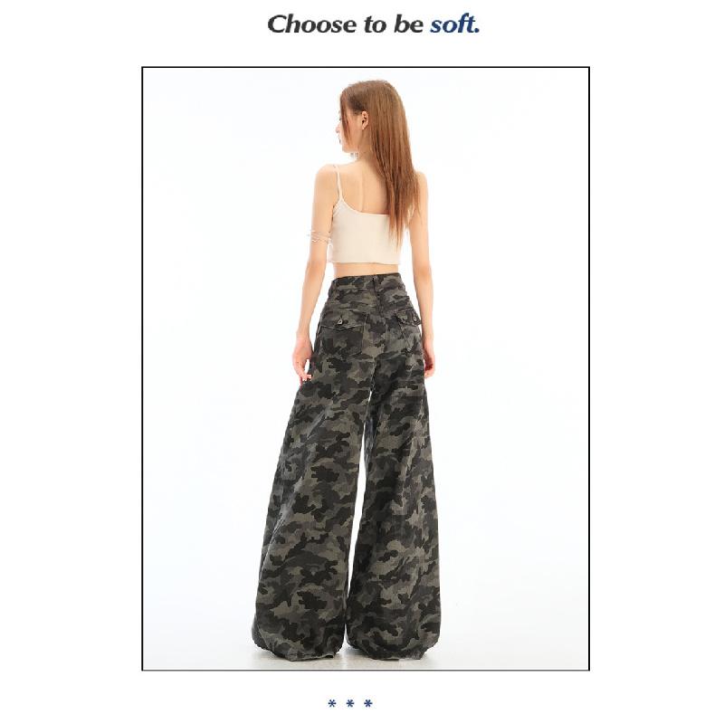 High street workwear wide-leg denim camouflage pants for women 026 new high-waisted slimming loose straight pants