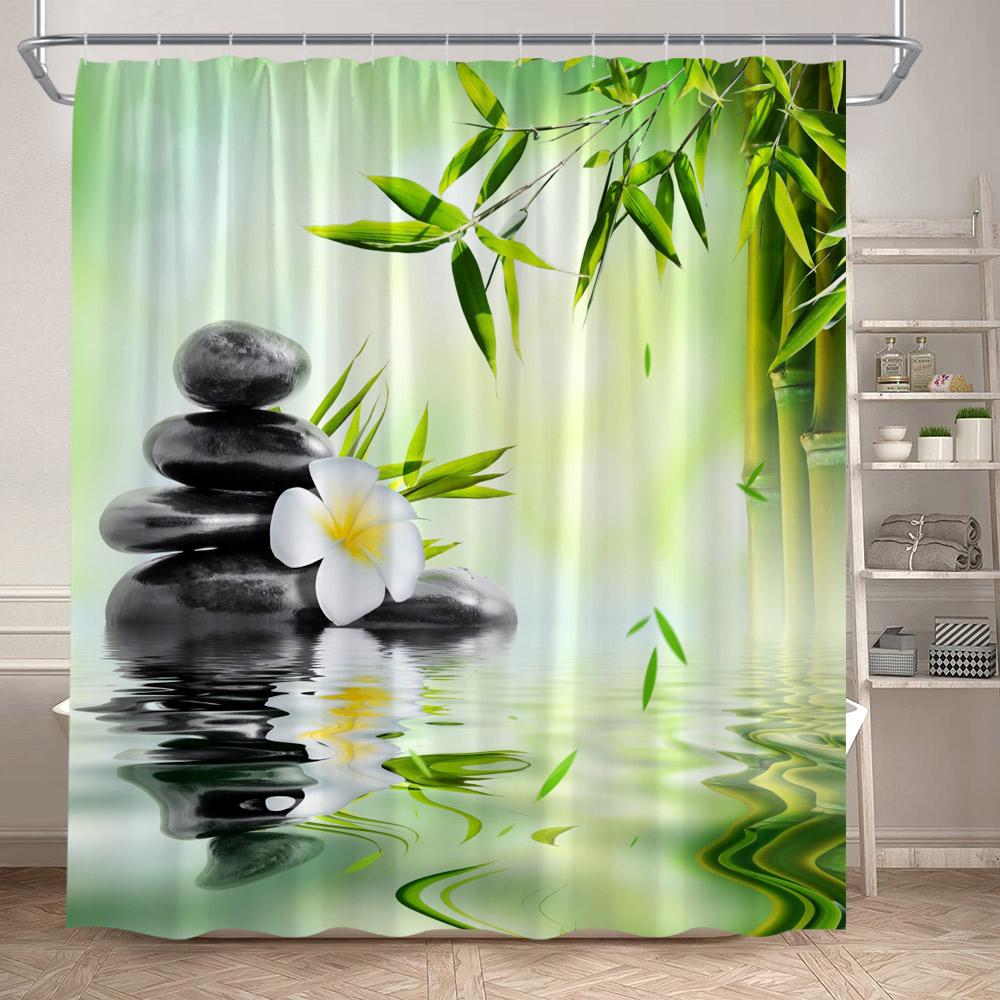 Rideaux de douche Zen Bambou Vert Orchidée Pourpre Lotus Papillon Paysage Spa Accrochage Mural Domestique Tissu Rideau de Salle de Bain Décoratif