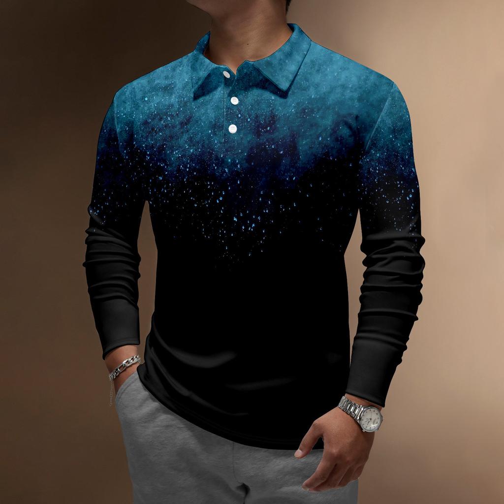 Men'S Lapel Long Sleeve Printed Casual Top Loose Sports Lapel Shirt