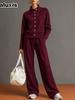 New Women's Solid Crew Neck Cardigan Sweatshirt Wide Leg Pants Set