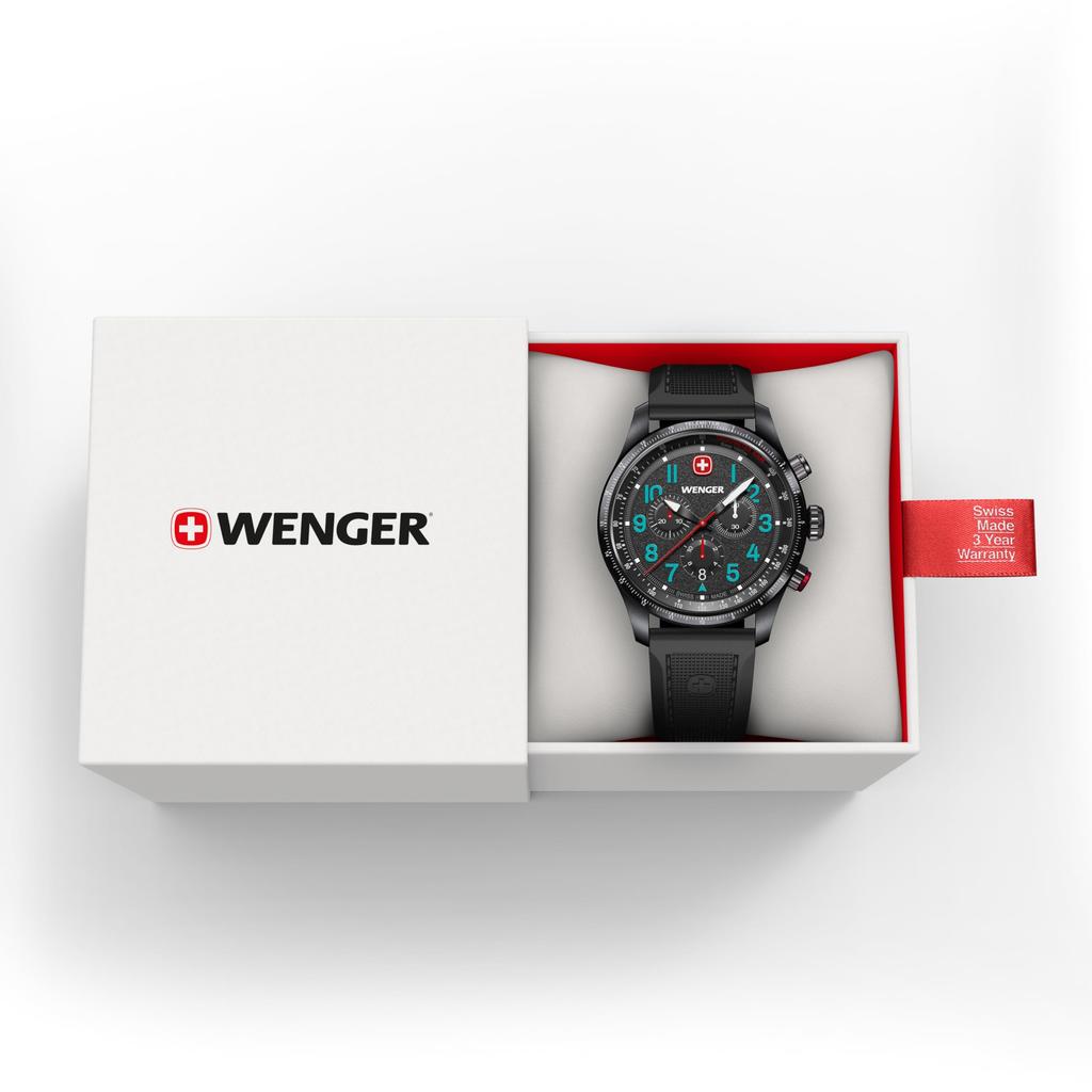 WENGER TERRAGRAPH CHRONO Chronograph Stainless Steel Case Black Silicone Quartz 100m Water Gift Analog Black Terragraph Men's Watch, (316L), Dial,
