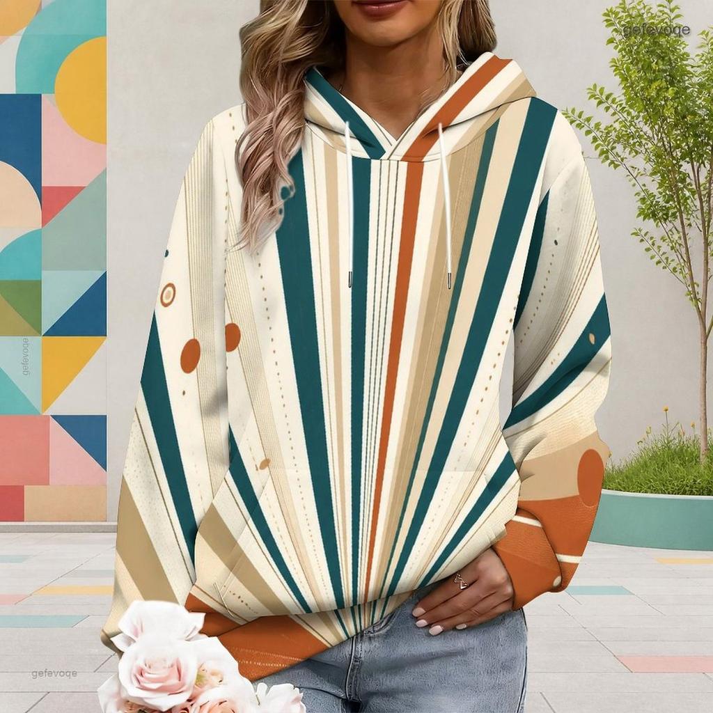 Women Plus Size Long Sleeve Geometric Printed Blue White Hoodie Pullover With Kangaroo Pocket