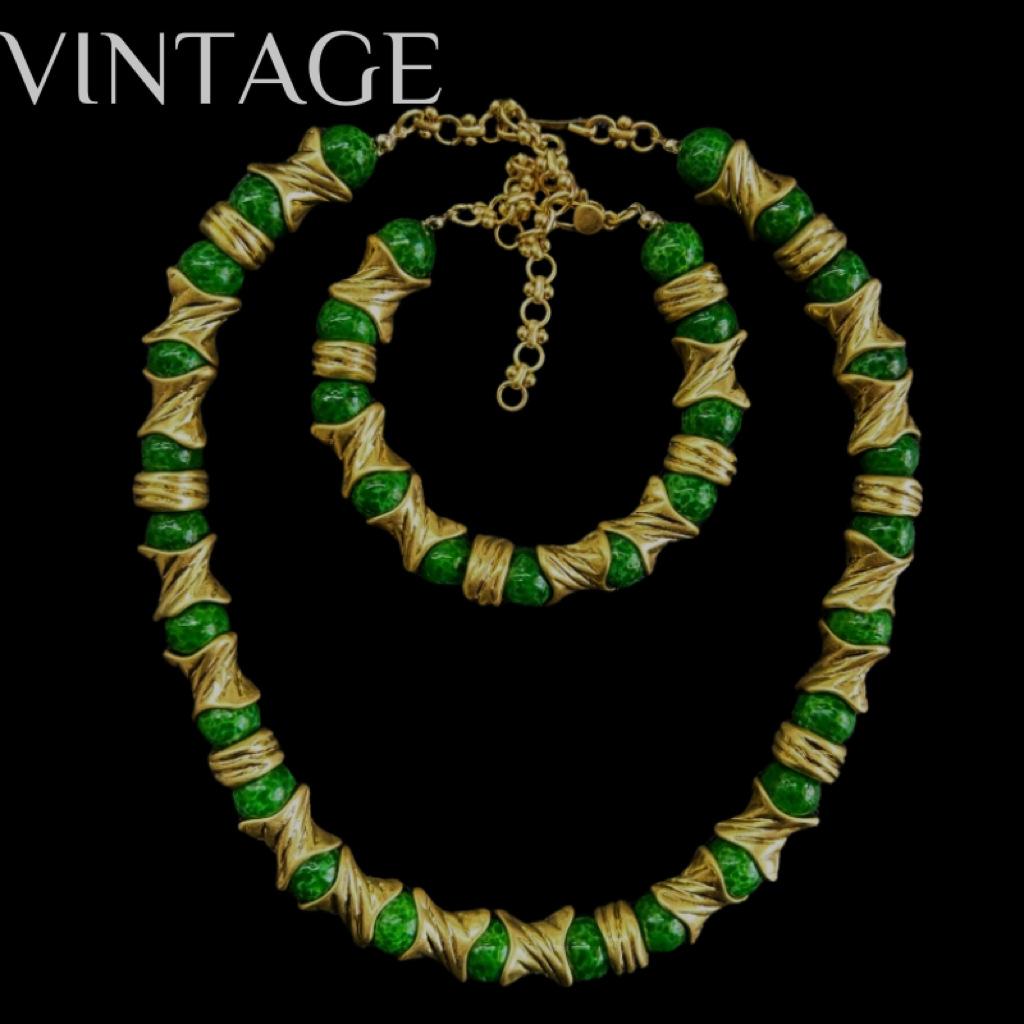 Винтажный Сталелитейный Характер Зеленая Лягушачья Кожа Старый Материал Стеклянный Ожерелье Браслет Серьги Набор