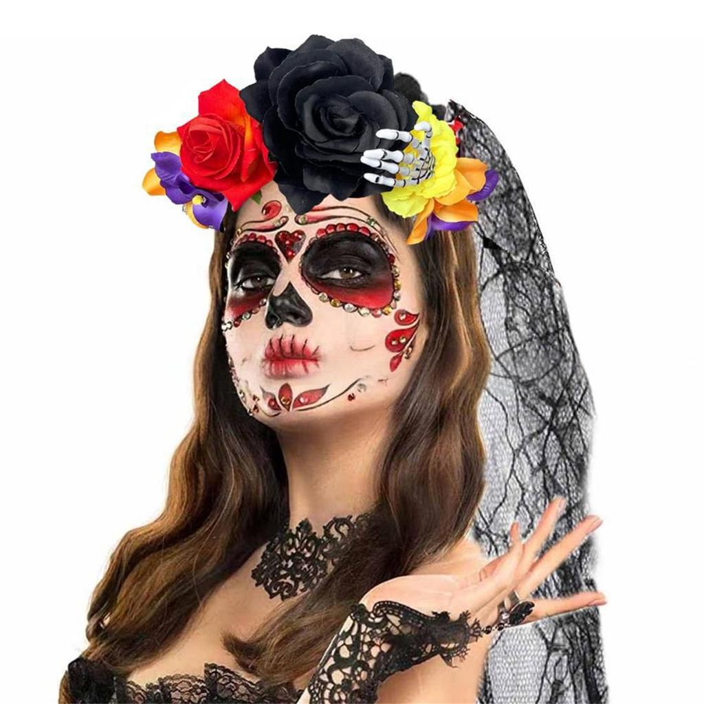 Skull Skeleton Hand Veil Headpiece with Dark Series Flower For Halloween Costume And Themed Photoshoots Wear