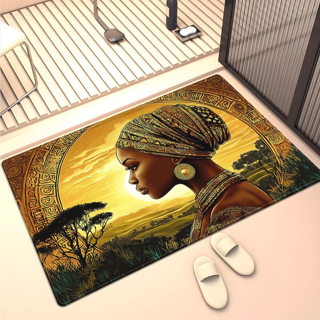Afrikaanse vrouw zonsondergang landschap kristal fluweel tapijt cultureel kunst tapijt etnisch stammenontwerp woonkamer vloermat Afro-Amerikaans