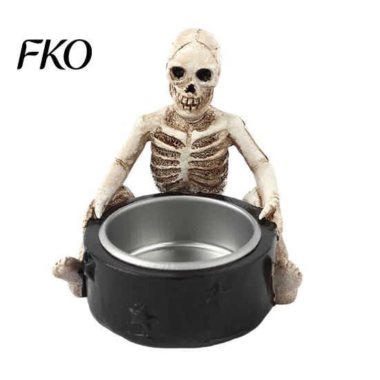 Vintage Witch Themed Ornament Halloween Skull Resin Candle Holder, Spooky Star Cup Tealight Stand Handcrafted Figurine with Metal Heatproof D