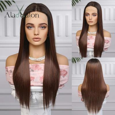 Women's Lace Front Wigs Honey Brown Red Wig Straight Long Wigs Daily Party Cosplay Wedding High Density GluelessWig