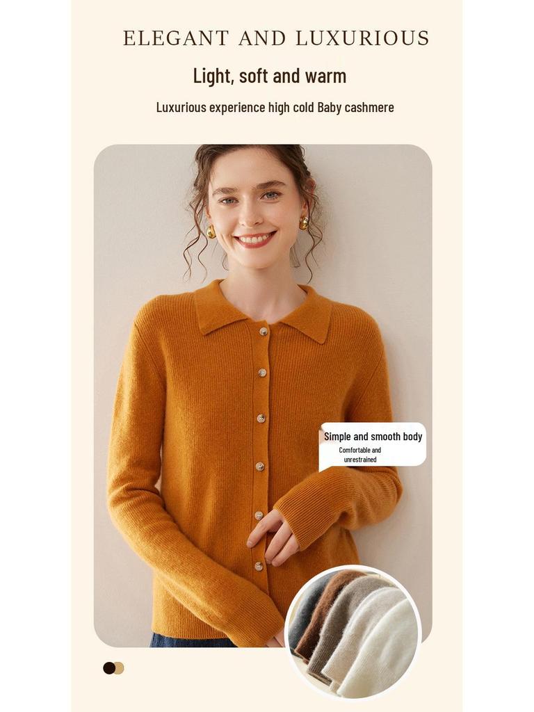 Women's Slim Fit Cashmere Polo Collar Cardigan - Comfortable Knitwear Coat for Autumn/Winter Fashion