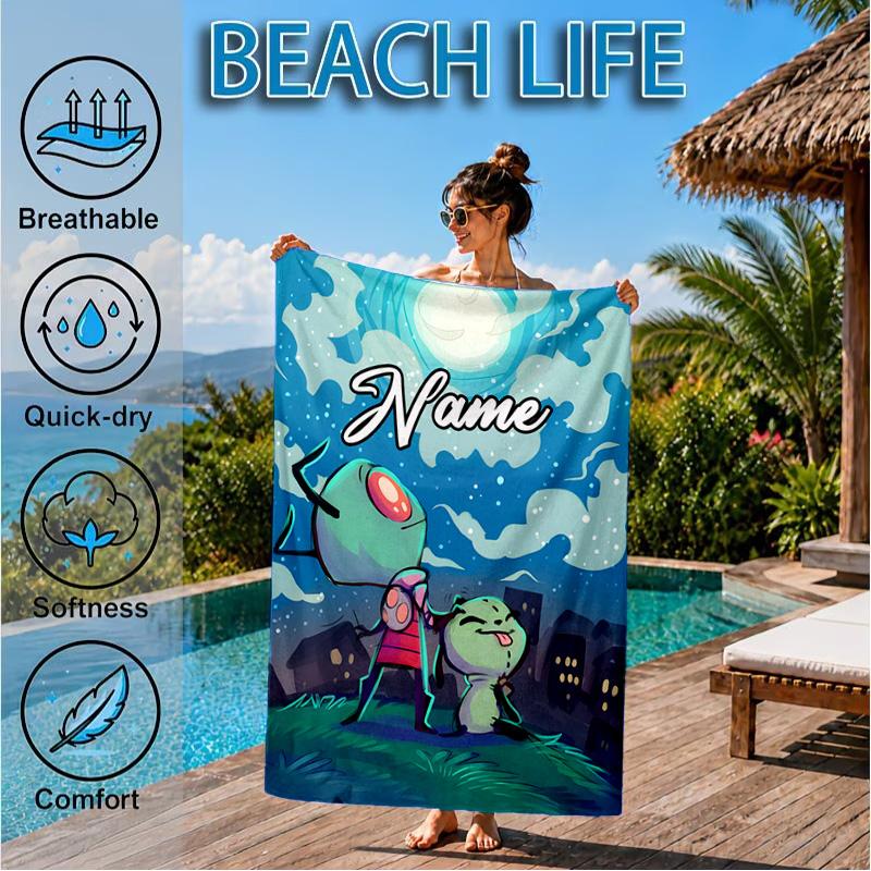 Custom Name Alien Expressions Collection Heart In Space Adventure Microfiber Beach Towel, Lightweight for Summer Travel, Swimming Pool Fan Gift