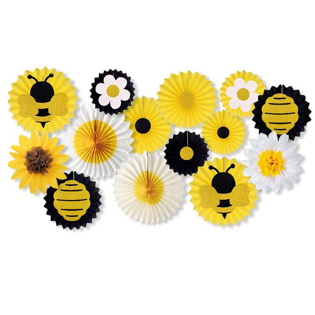 14Pieces Biodegradable Sunflower Bees Paper Fan Decorations Functional Party Backdrops for Indoor Outdoors Use