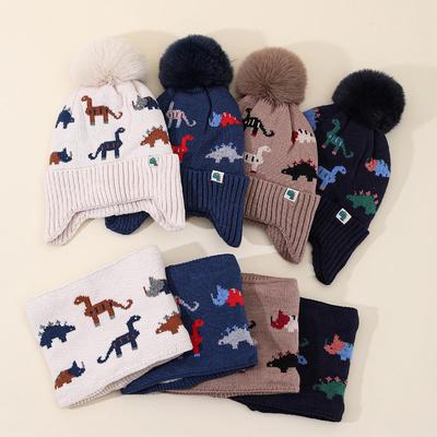 Cartoon Dinosaurier Woll-Pompon-Mütze & Schal Set: Verdicktes Strickmaterial für Herbst/Winter, Ohrenschützende Wärme