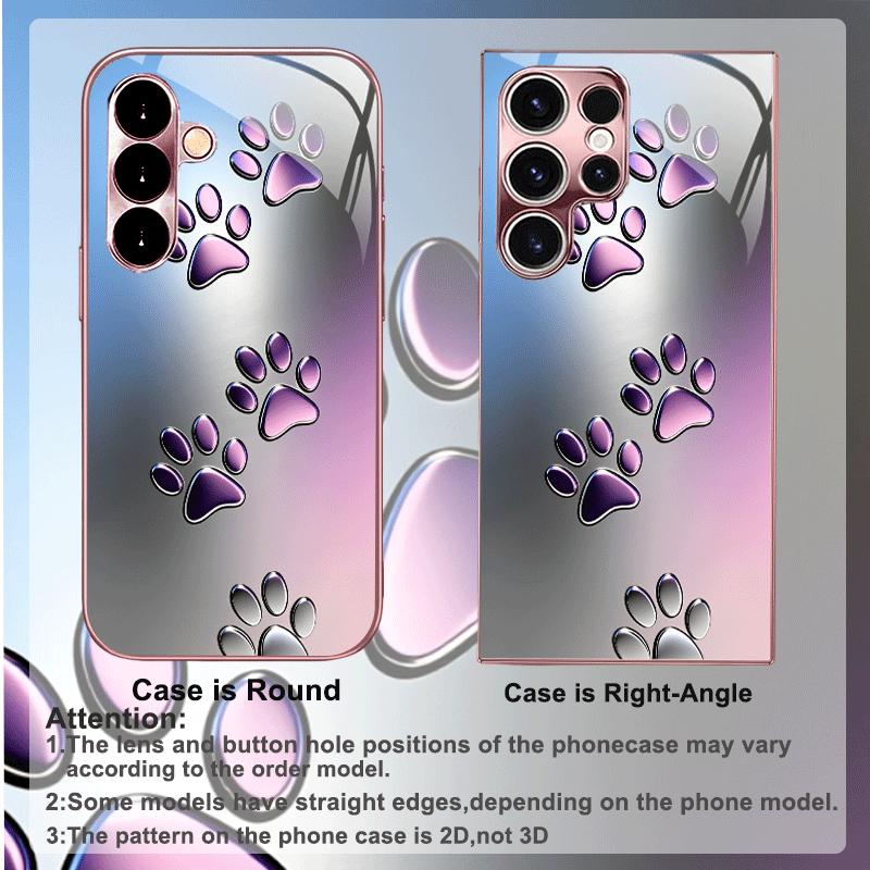 Metallic Cat Paw Print Glass Phone Case Fashion Phone Cases S26 Ultra Case for Samsung Galaxy S26 S25 S24 S23 S22 FE Ultra Plus