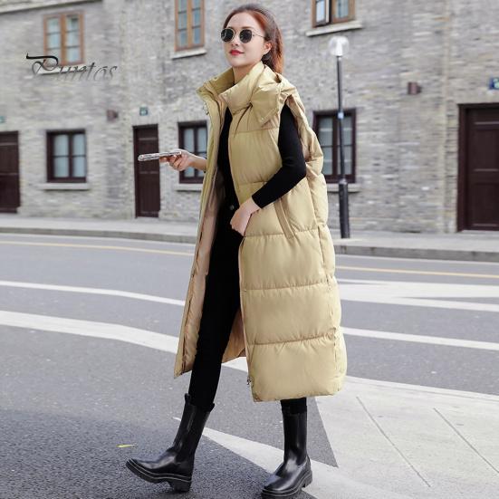 Winter Women Waistcoat Thickened Padded Zipper Closure Hooded Loose Fit Adjustable Waist with Belt Sleeveless Solid Color Windproof Heat Retention
