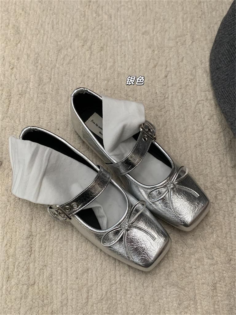 Eckige Spitze Leopardenmuster flache Französische Mary Jane Einzel Schuhe Damenschuhe 2025 neu Herbst silber Ballett Abendschuhe