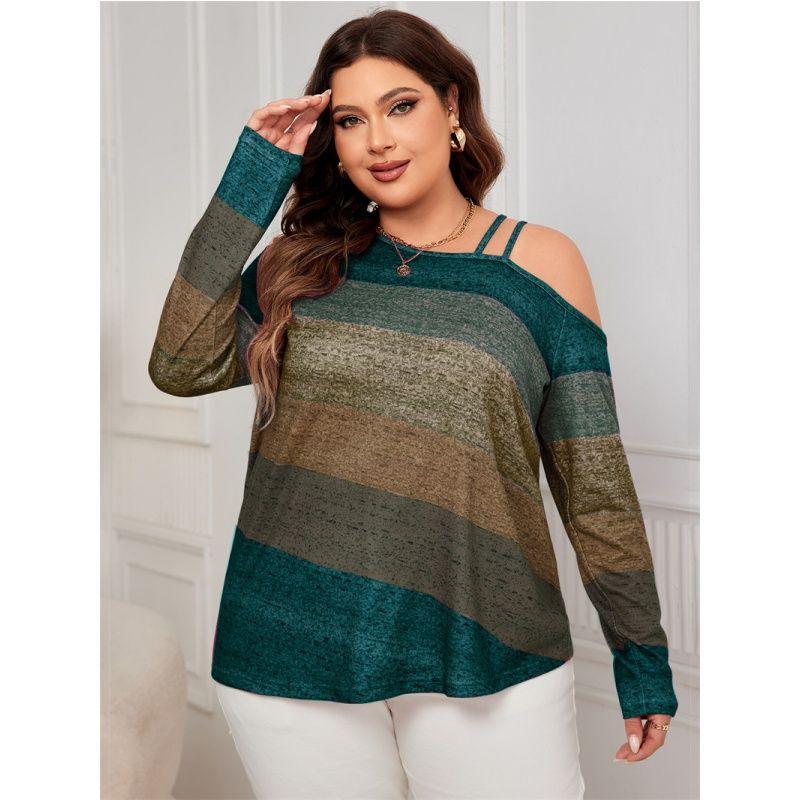 

XL-4XL Women Blouse plus Ladies Tops Long sleeve Diagonal Collar Color Block Top Plus size Shirts Green 3XL