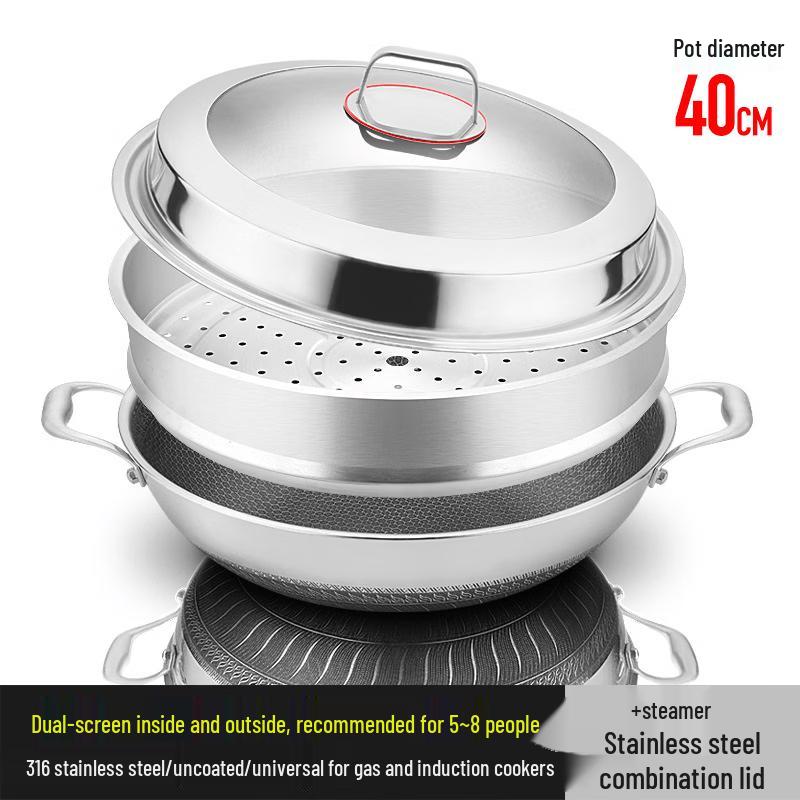 ZISIZ 38cm Stainless Steel Non-stick Wok